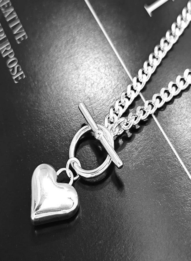 Zeffy Silver Chunky Puffy Heart Necklace Big Heart Chain Link Necklace Toggle Clasp Heart Charm Necklaces Birthday Christmas Gifts for Women Jewelry - Image 5